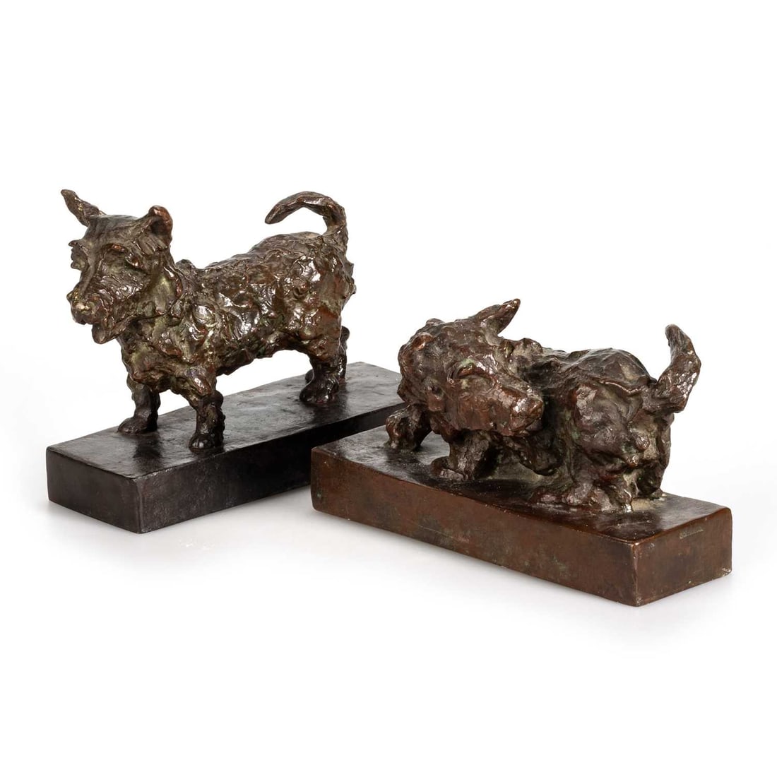 EDITH BARRETTO STEVENS PARSONS (AMERICAN, 1878-1956), SCOTTISH TERRIERS: EDITH BARRETTO STEVENS PARSONS (AMERICAN, 1878-1956), SCOTTISH TERRIERS the terriers depicted in playful mood, one ready to play, the other chasing its tail, both with cast signature and Gorham Foundr