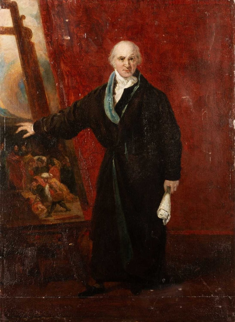 AFTER SIR THOMAS LAWRENCE (1769-1830) PORTRAIT OF BENJAMIN WEST P.R.A (1738-1820): AFTER SIR THOMAS LAWRENCE (1769-1830) PORTRAIT OF BENJAMIN WEST P.R.A (1738-1820) Oil on panel Rubbed wax seal verso The original full length portrait is in the collection of the Wadsworth Athenaeum (