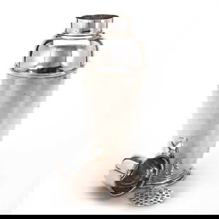 AN ART DECO SILVER-PLATED COCKTAIL SHAKER: AN ART DECO SILVER-PLATED COCKTAIL SHAKER by Frank Cobb & Co, the pull-off lid with a stepped top, plain tapering cylindrical body with a geometrical border, all raised on a stepped circular foot