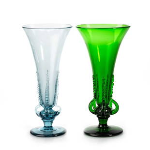 EDVIN OLLERS FOR KOSTA, TWO COLOURED GLASS VASES WITH LUGS, EARLY 20TH CENTURY: EDVIN OLLERS FOR KOSTA, TWO COLOURED GLASS VASES WITH LUGS, EARLY 20TH CENTURY the first green, the second blue. (2) Tallest 26.5cm Each vase is in good condition.