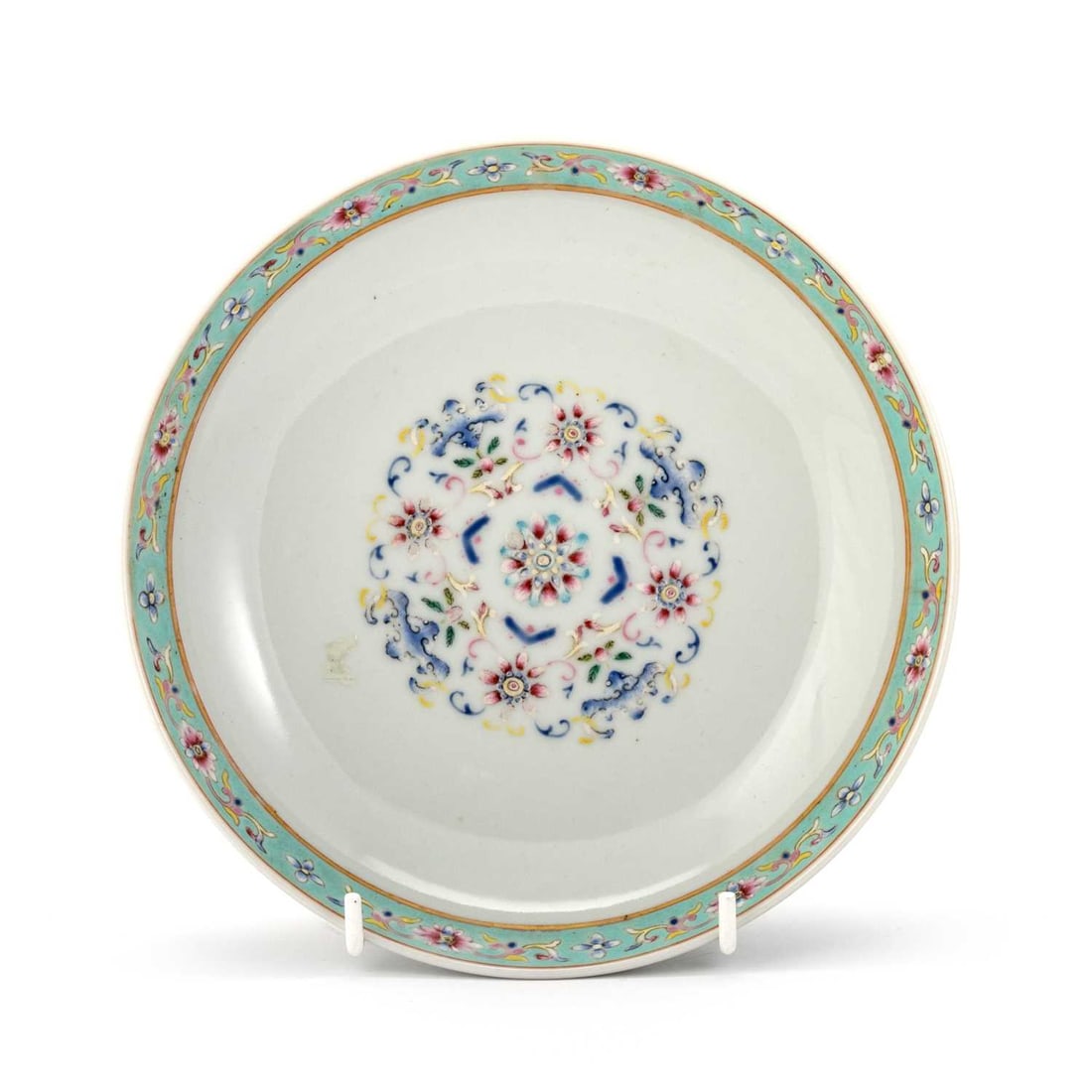 A CHINESE CELADON-BACK FAMILLE ROSE DISH (1 of 2)