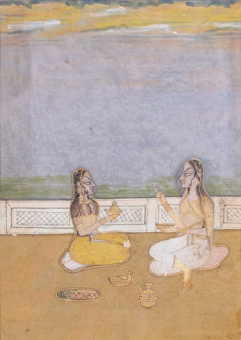 KISHANGARH SCHOOL (LATE 18TH/ EARLY 19TH CENTURY), TWO COURTLY LADIES ON A TERRACE DRAPED IN JEWELS: KISHANGARH SCHOOL (LATE 18TH/ EARLY 19TH CENTURY), TWO COURTLY LADIES ON A TERRACE DRAPED IN JEWELS surrounded by gold vessels, opaque pigment heightened with gold on paper, framed. Visible image 13.5