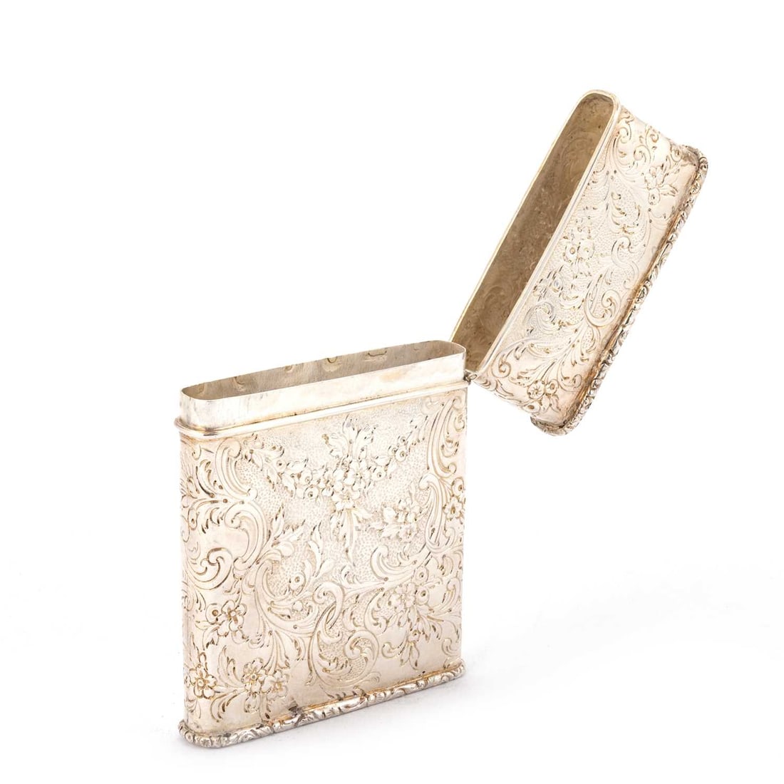 A GEORGIAN SILVER OVERSIZED CARD CASE: A GEORGIAN SILVER OVERSIZED CARD CASE maker TW, no visible date letter, slightly tapering compressed rectangular form with a hinged cover, chased with flowers and scrolls. 12cm high, 8.5cm wide, 4.5 t