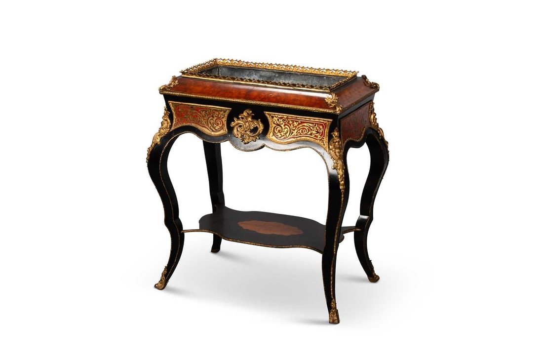 A 19TH CENTURY BURR WALNUT, EBONISED AND GILT-METAL MOUNTED BOULLE JARDINIÈRE (1 of 1)