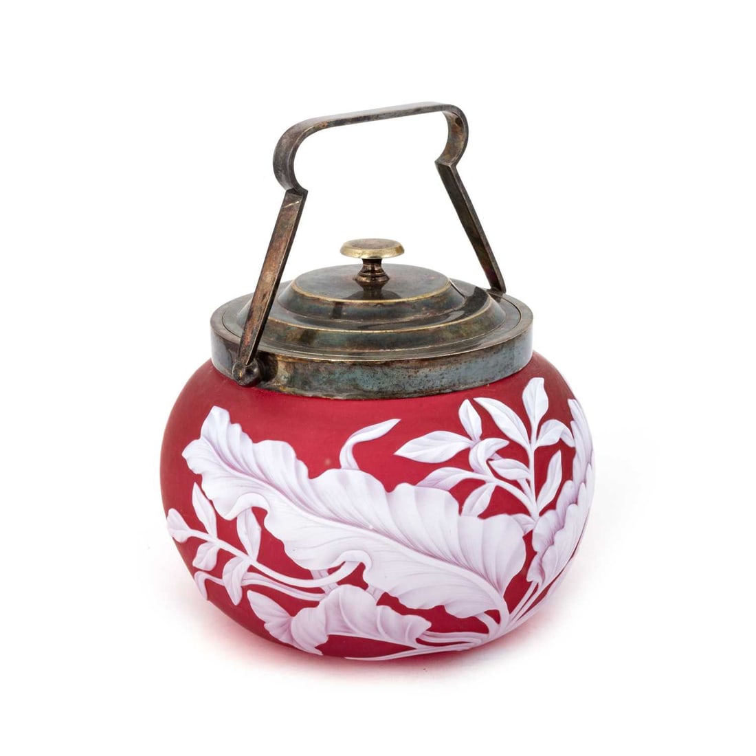 AN ENGLISH CAMEO GLASS BISCUIT BARREL, PROBABLY BY THOMAS WEBB, CIRCA 1900: AN ENGLISH CAMEO GLASS BISCUIT BARREL, PROBABLY BY THOMAS WEBB, CIRCA 1900 with silver-plated mounts. 19.5cm high overall