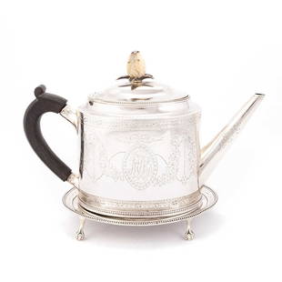 A GEORGE III SILVER TEAPOT ON STAND: A GEORGE III SILVER TEAPOT ON STAND by Hester Bateman, London 1784, with incuse duty mark, oval, with beaded borders, the teapot with a straight tapering spout and carved mother-of-pearl pineapple kno