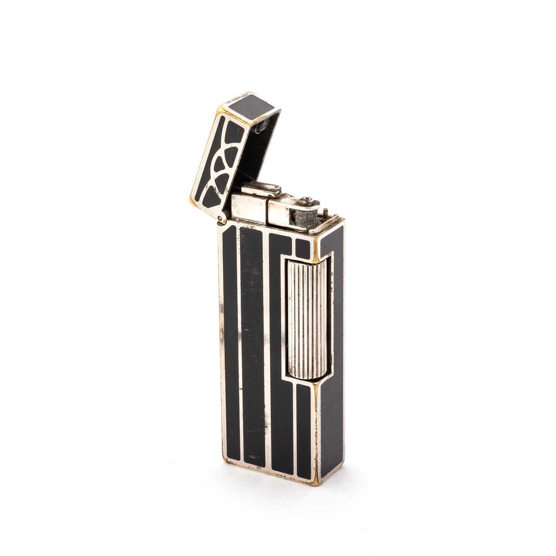 A DUNHILL ROLLAGAS ENAMELLED CIGARETTE LIGHTER: A DUNHILL ROLLAGAS ENAMELLED CIGARETTE LIGHTER with an Art Deco style design. 6.3cm long Rubbing to the plating and surface scratching to the enamel. The lighter is not working and the flint is not f