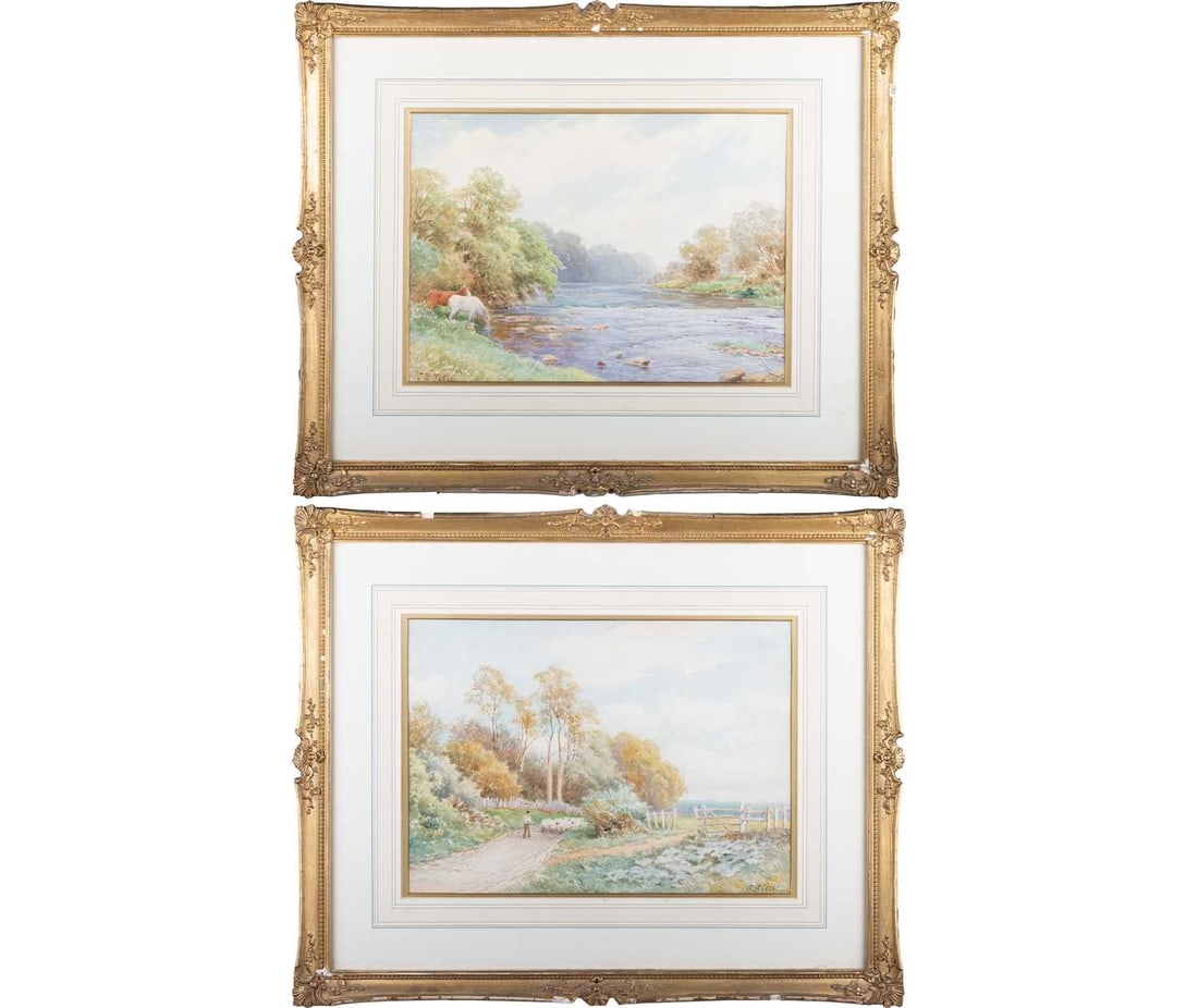 JOHN BATES NOEL (1870-1927) A PAIR OF COUNTRYSIDE VIEWS, 'ON THE NIDD' AND 'A COUNTRY LANE: JOHN BATES NOEL (1870-1927) A PAIR OF COUNTRYSIDE VIEWS, 'ON THE NIDD' AND 'A COUNTRY LANE WORCESTERSHIRE' Signed Watercolour (25cm x 35.5cm)Qty: (2)