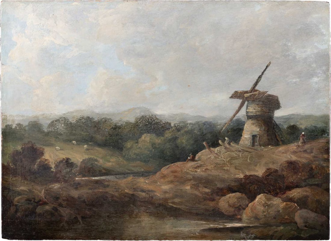 CIRCLE OF JOHN CONSTABLE (1776-1837) COUNTRY LANDSCAPE WITH WINDMILL AND FIGURES: CIRCLE OF JOHN CONSTABLE (1776-1837) COUNTRY LANDSCAPE WITH WINDMILL AND FIGURES Oil on panel Unframed (18.5cm x 25.5cm)