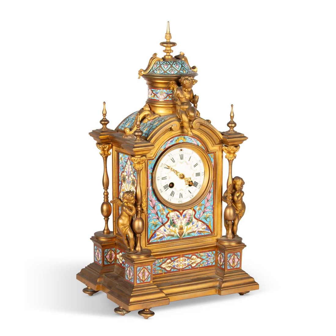 A FRENCH GILT-BRONZE AND CHAMPLEVÉ ENAMEL MANTEL CLOCK, CIRCA 1890 (1 of 3)