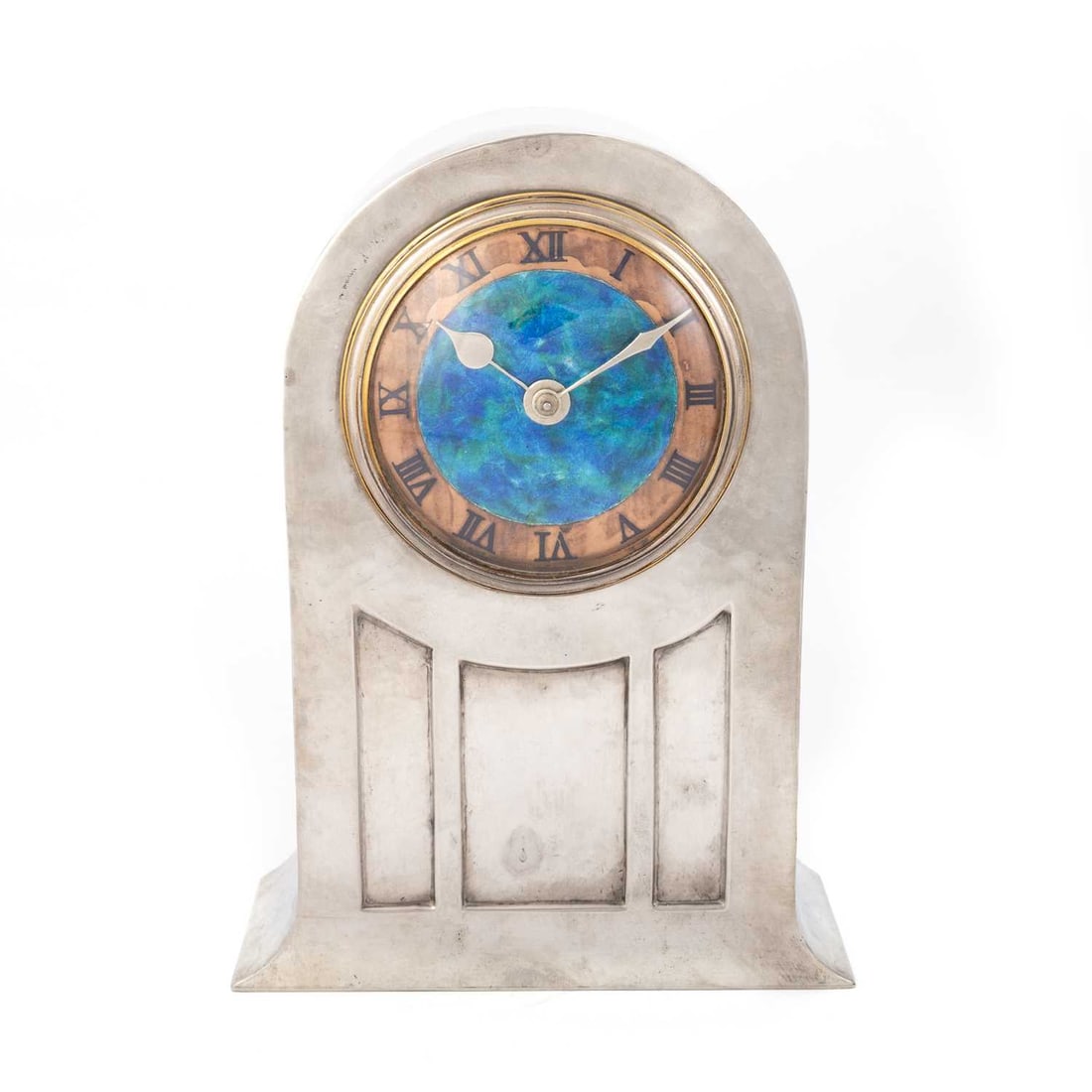 DAVID VEASEY FOR LIBERTY & CO, A TUDRIC PEWTER AND ENAMEL MANTEL CLOCK (1 of 4)