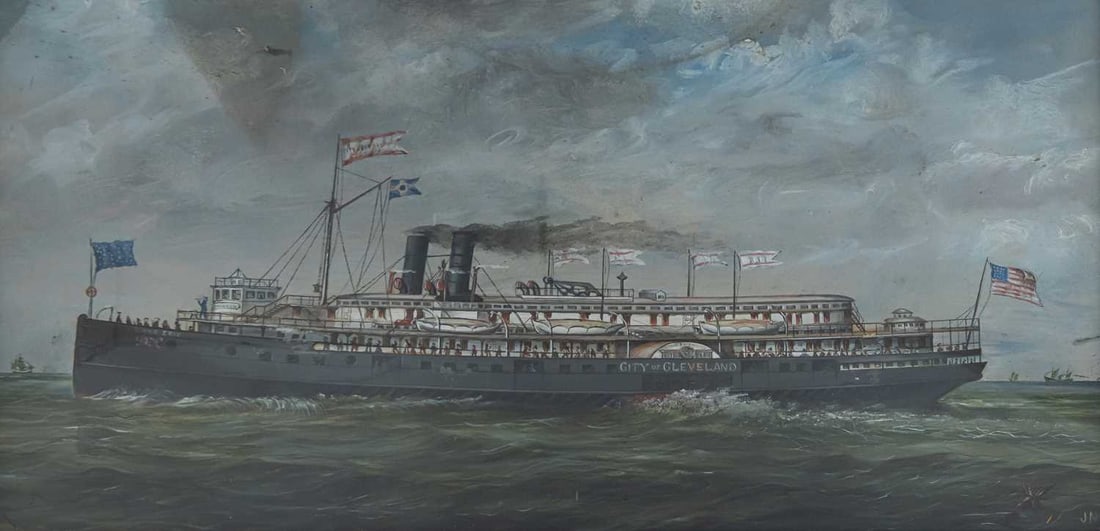AMERICAN SCHOOL LATE 19TH/ EARLY 20TH CENTURY THE STEAMSHIP 'CITY OF CLEVELAND', LAKE ERIE: AMERICAN SCHOOL LATE 19TH/ EARLY 20TH CENTURY THE STEAMSHIP 'CITY OF CLEVELAND', LAKE ERIE Signed JN Oil and gouache on paper (33cm x 61cm)