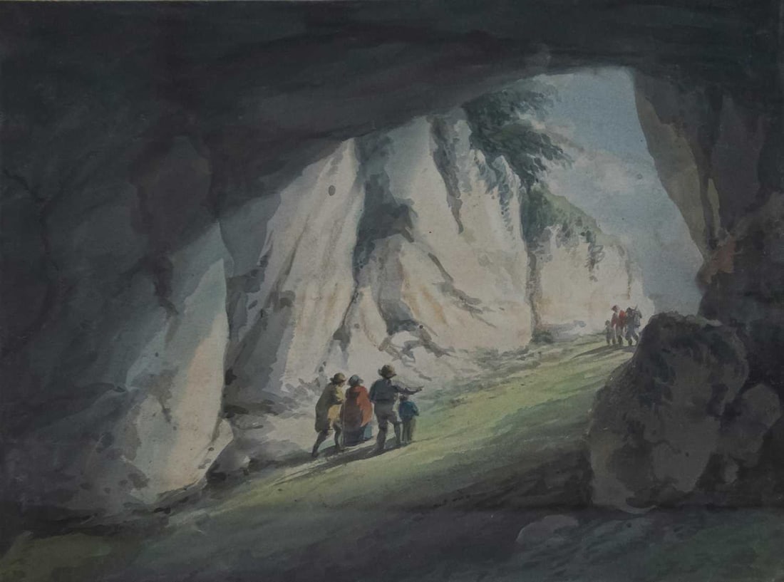 ATTRIBUTED TO WILLIAM PAYNE (1760-1830) FIGURES IN A CAVE: ATTRIBUTED TO WILLIAM PAYNE (1760-1830) FIGURES IN A CAVE Watercolour (20cm x 25.5cm)