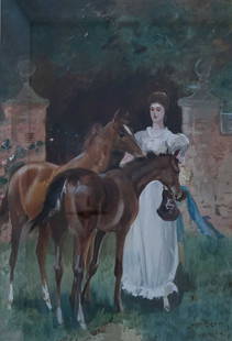 JOHN BEER (C.1860-1930) A LADY AND TWO FOALS: JOHN BEER (C.1860-1930) A LADY AND TWO FOALS Signed and dated (18)94 Pastel Provenance: With Christies and Brandler Galleries, Essex (39cm x 28cm)