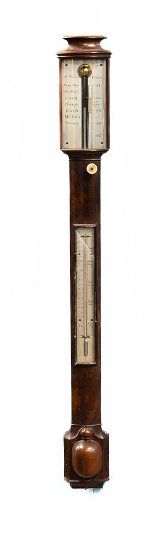 § AN EARLY 19TH CENTURY MAHOGANY BOW-FRONT STICK BAROMETER, SIGNED M. WISKER, YORK (1 of 1)