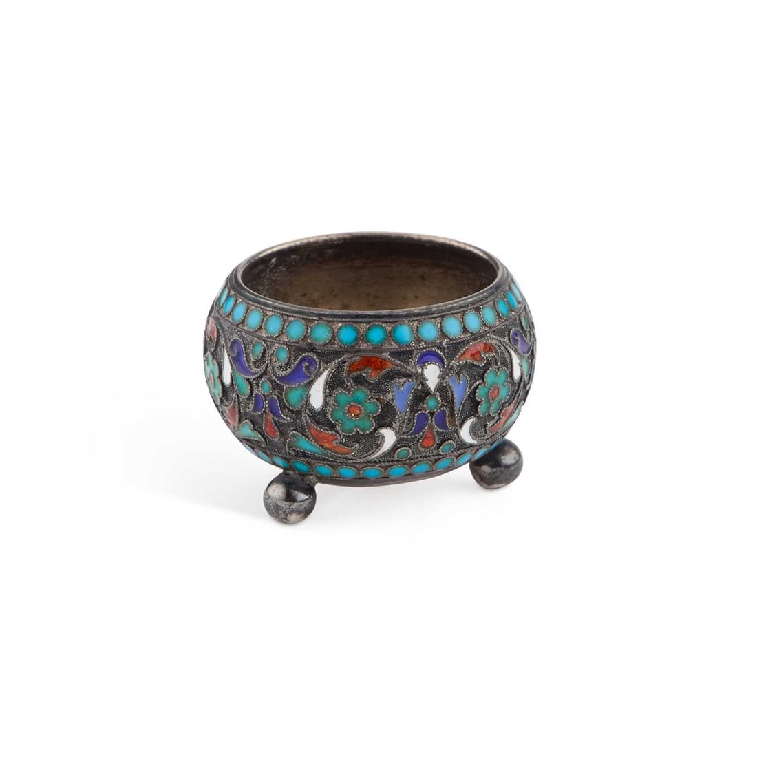 A LATE 19TH CENTURY RUSSIAN SILVER AND CLOISONNÉ ENAMEL SALT (1 of 2)