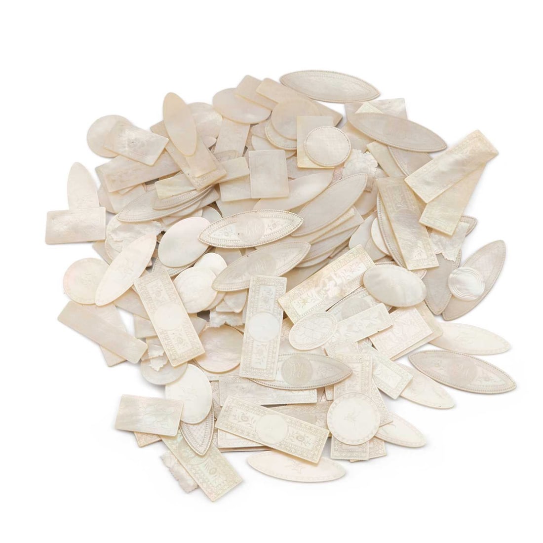 A COLLECTION OF 19TH CENTURY CHINESE MOTHER-OF-PEARL GAMING COUNTERS: A COLLECTION OF 19TH CENTURY CHINESE MOTHER-OF-PEARL GAMING COUNTERS various designs. (Qty)