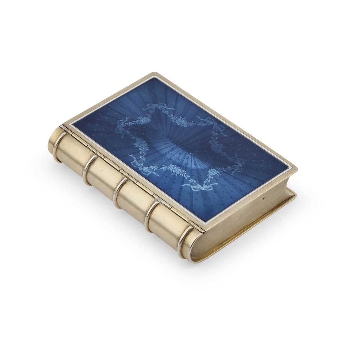 A FINE FRENCH SILVER-GILT AND ENAMEL WRITING OR DESK SET, LATE 19TH CENTURY: A FINE FRENCH SILVER-GILT AND ENAMEL WRITING OR DESK SET, LATE 19TH CENTURY French control marks, the case formed as a book, the hinged cover with iridescent blue guilloché enamel to either side, the