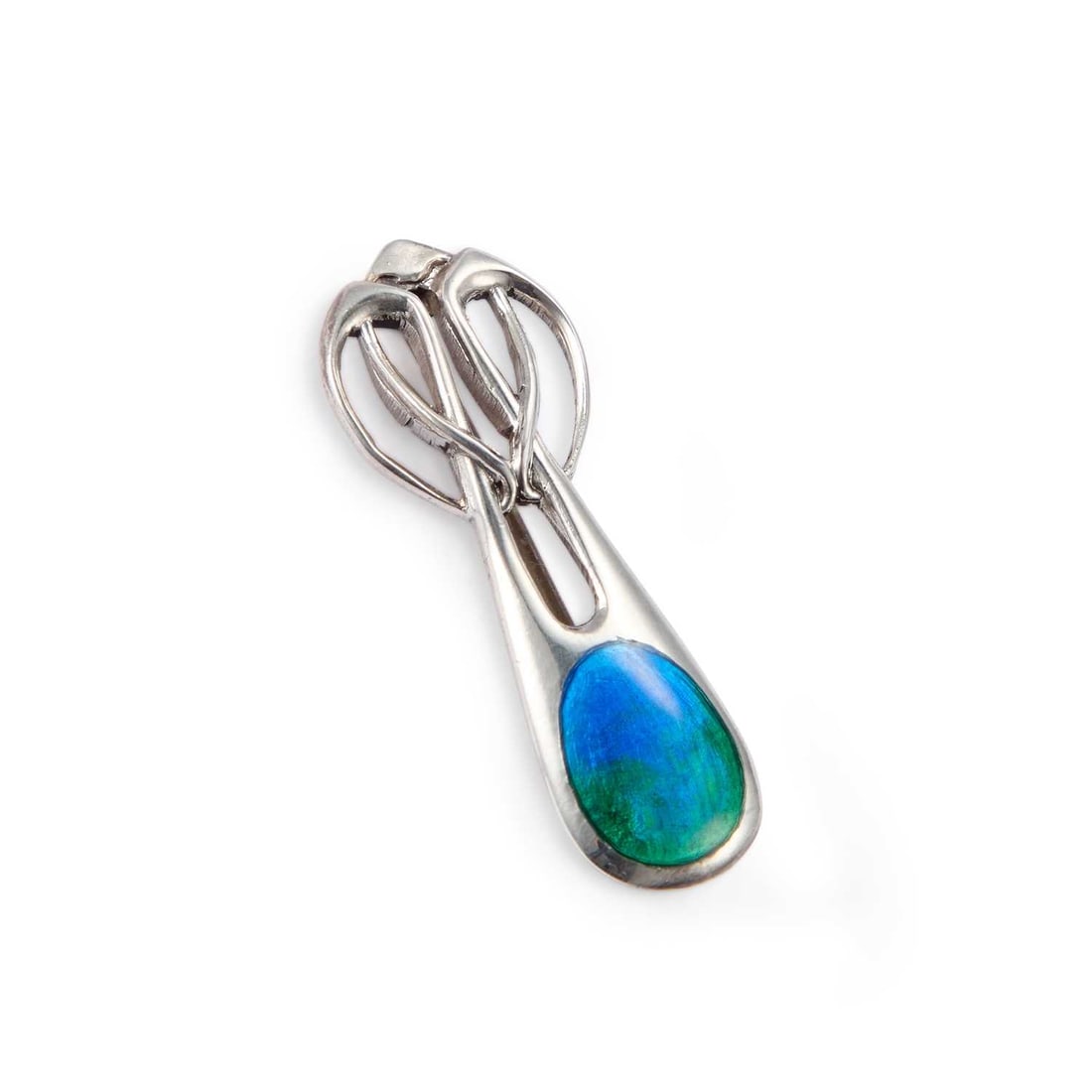 ARCHIBALD KNOX (1864-1933) FOR LIBERTY & CO, AN ARTS AND CRAFTS SILVER AND ENAMEL BROOCH: ARCHIBALD KNOX (1864-1933) FOR LIBERTY & CO, AN ARTS AND CRAFTS SILVER AND ENAMEL BROOCH sponsor's mark only, the tapering drop with an oval of blue/green shaded enamel. 4cm long, 5 grams gross Archi