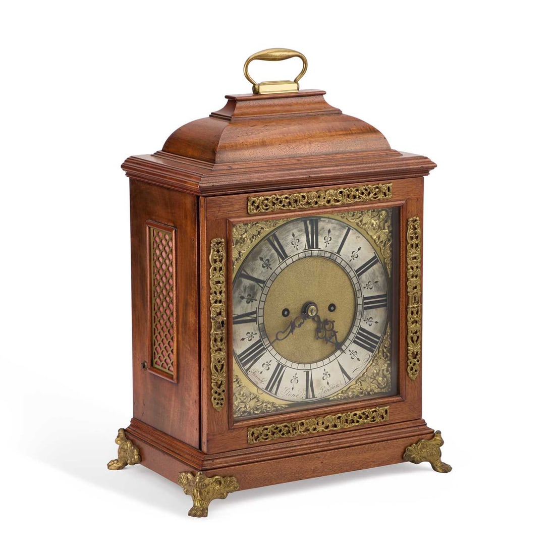 AN 18TH CENTURY STYLE MAHOGANY DOUBLE FUSEE TABLE CLOCK, SIGNED SAMUEL STONE LONDON: AN 18TH CENTURY STYLE MAHOGANY DOUBLE FUSEE TABLE CLOCK, SIGNED SAMUEL STONE LONDON the case with a caddy top surmounted by a brass carrying handle, the sides with pierced grilles, the front door appl