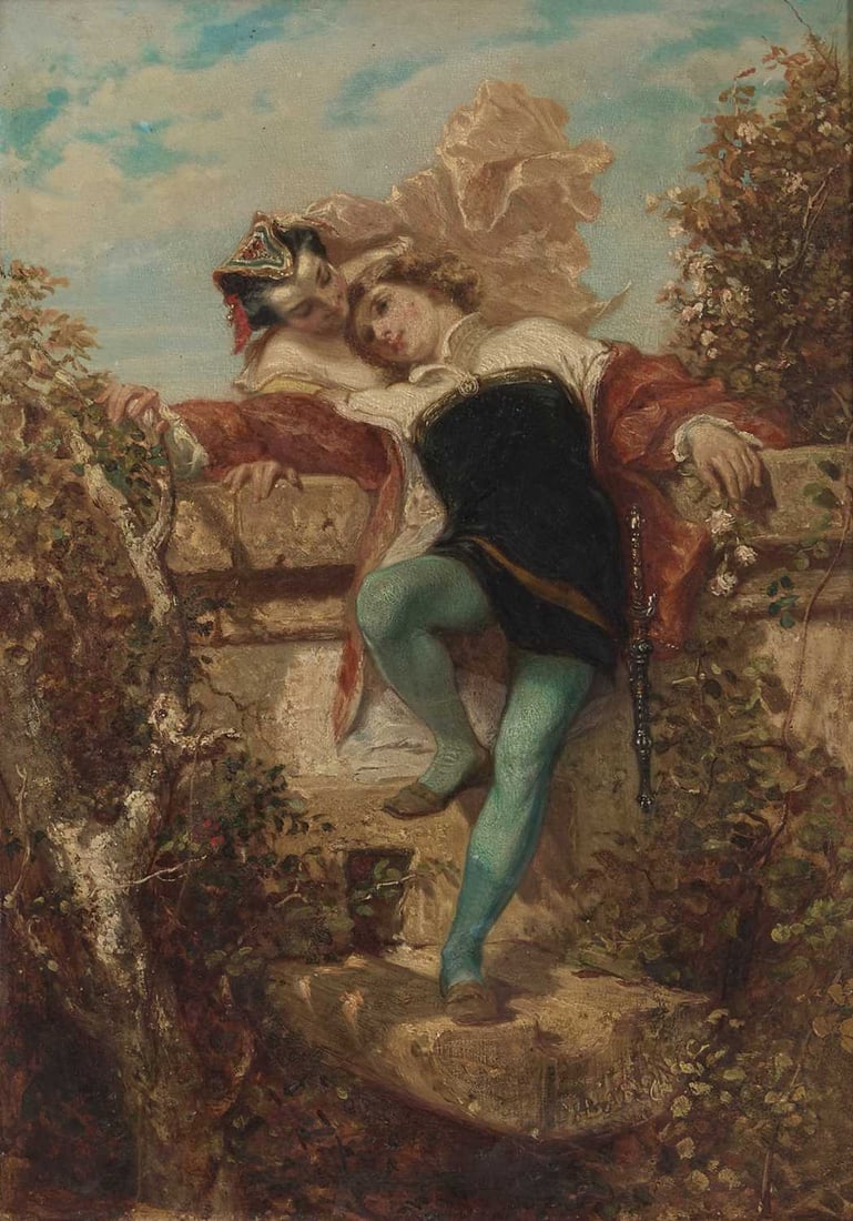 ATTRIBUTED TO HENRI CHARLES ANTOINE BARON (FRENCH 1816-1885) COUPLE IN A GARDEN: ATTRIBUTED TO HENRI CHARLES ANTOINE BARON (FRENCH 1816-1885) COUPLE IN A GARDEN Oil on panel 35cm x 24.5cm