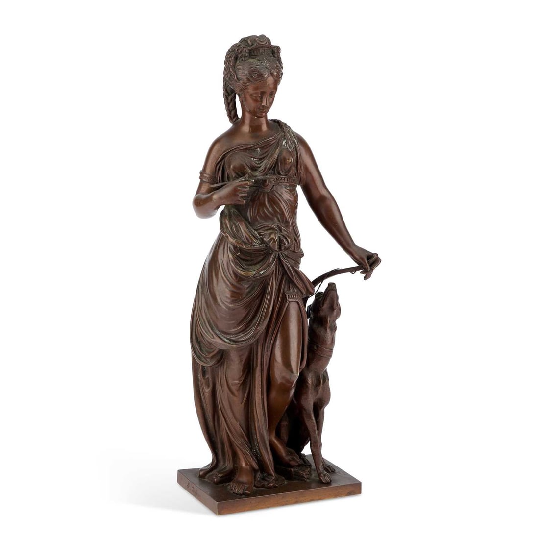 PAUL DUBOY (1830-1887), A BRONZE FIGURE OF DIANA THE HUNTRESS: PAUL DUBOY (1830-1887), A BRONZE FIGURE OF DIANA THE HUNTRESS signed P. Duboy to the side of the base. 32cm high