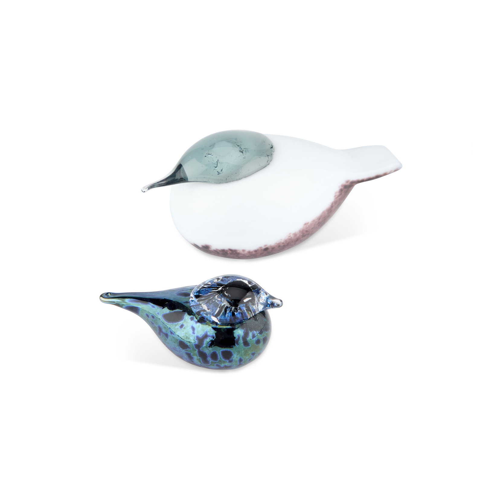 TWO IITTALA GLASS MODELS OF BIRDS, SMALL SMEW AND SMALL GOLDCREST, DESIGNED BY OIVA TOIKKA: TWO IITTALA GLASS MODELS OF BIRDS, SMALL SMEW AND SMALL GOLDCREST, DESIGNED BY OIVA TOIKKA each boxed. (2) Smew 9cm long