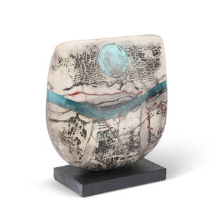 PETER HAYES (BORN 1946), RAKU BOW WITH DISC AND BLUE WAVE: PETER HAYES (BORN 1946), RAKU BOW WITH DISC AND BLUE WAVE signed and dated (20)08. 23cm high, 22cm wide  In excellent condition.