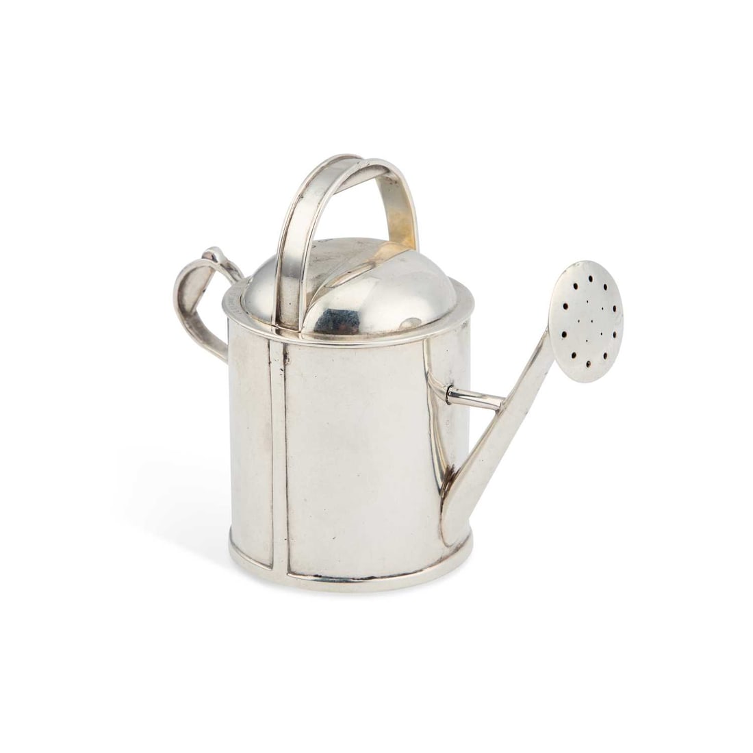 A VICTORIAN SILVER NOVELTY SCENT SPRAY CANISTER, MODELLED AS WATERING CAN: A VICTORIAN SILVER NOVELTY SCENT SPRAY CANISTER, MODELLED AS WATERING CAN by Thomas Johnson II, London 1879, retailer's signature of Jenner & Knewstub, the can with strapwork handles, a push actio