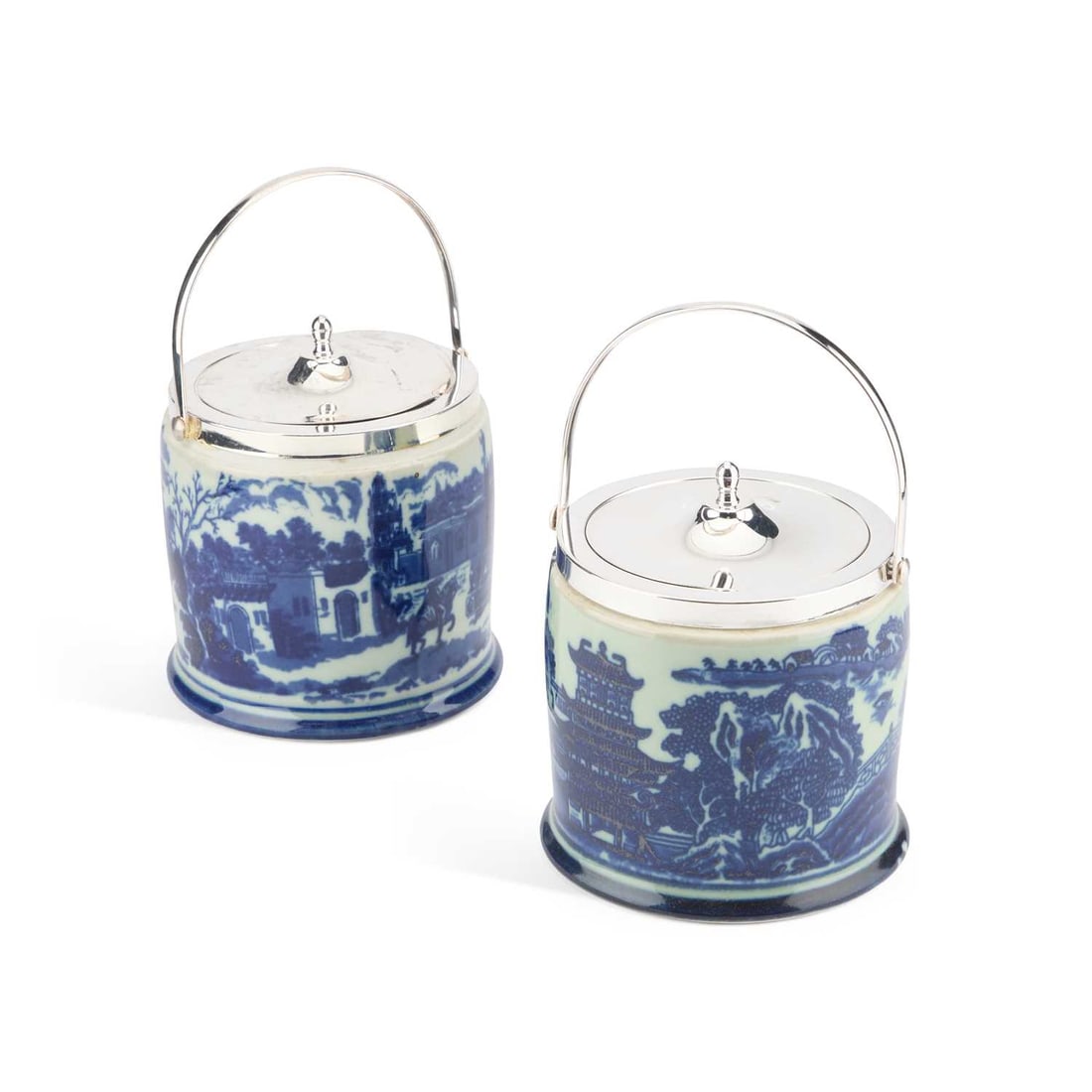 A PAIR OF SILVER-PLATE MOUNTED BLUE-PRINTED POTTERY BISCUIT BARRELS (1 of 3)