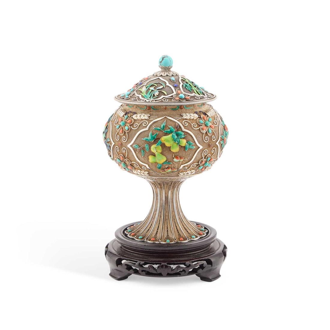 A LARGE CHINESE SILVER AND ENAMEL VASE AND COVER (1 of 3)