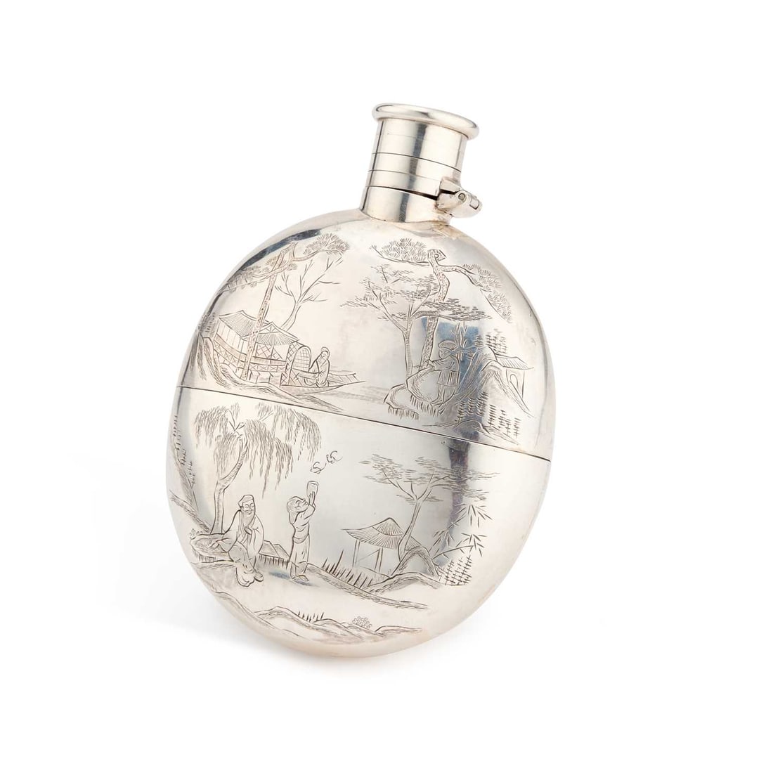 AN EARLY 20TH CENTURY CHINESE SILVER HIP FLASK: AN EARLY 20TH CENTURY CHINESE SILVER HIP FLASK c.1900, mark of Kwan Wo, Canton and Hong Kong, of rounded oval form with a pull-off base cup and a bayonet cylindrical hinged cap, engraved to the body t