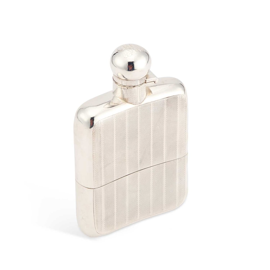 A GEORGE V SILVER SPIRIT FLASK: A GEORGE V SILVER SPIRIT FLASK by James Dixon & Sons Ltd, Sheffield 1922, of rounded rectangular form, shaped for the pocket, with engine-turned decoration, the hinged bayonet cover engraved with