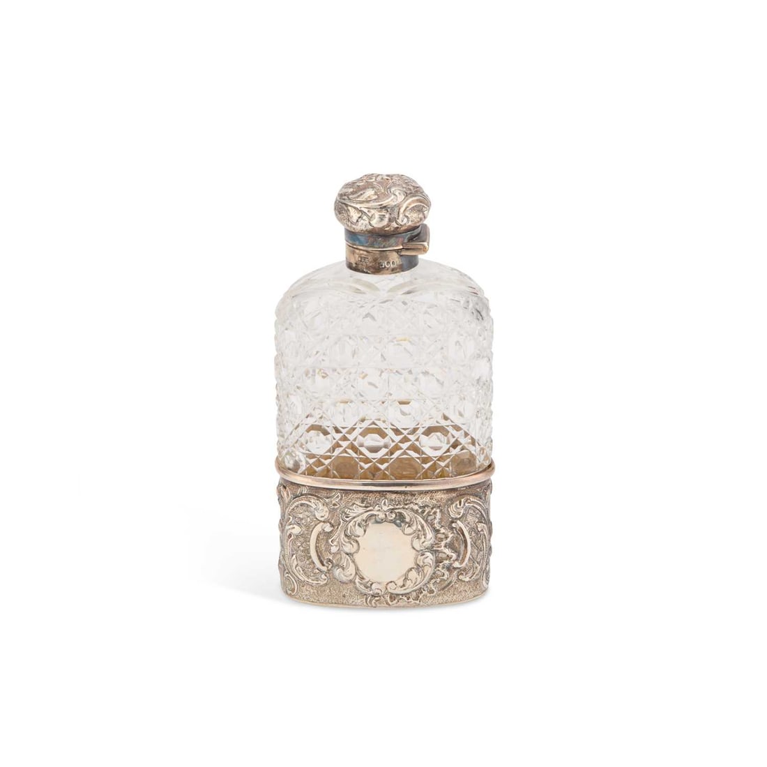 A VICTORIAN SILVER-MOUNTED CUT-GLASS HIP FLASK: A VICTORIAN SILVER-MOUNTED CUT-GLASS HIP FLASK by Samuel Summers Drew & Ernest Drew, London 1896. 14.5cm high