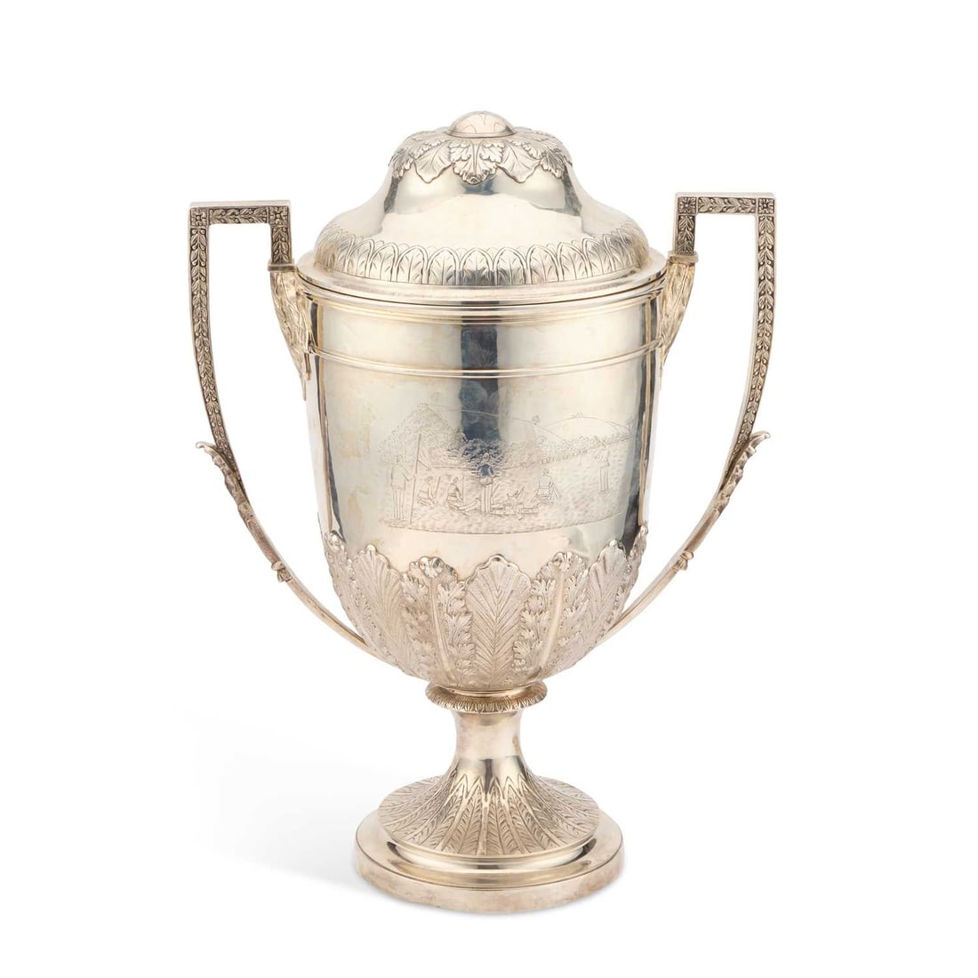 A LARGE VICTORIAN CUP AND COVER: A LARGE VICTORIAN CUP AND COVER overstricken maker's mark, by Elkington & Co (Frederick Elkington), cup London 1886, cover London 1890, the domed cover with an acanthus leaf border to the base and