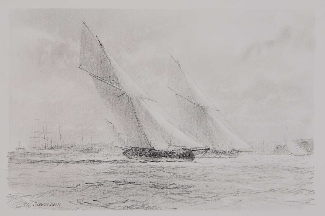 ‡ JOHN STEVEN DEWS (BORN 1949) BRYNHILD RACING OFF COWES: ‡ JOHN STEVEN DEWS (BORN 1949) BRYNHILD RACING OFF COWES Signed and titled Pencil Unframed (30cm x 42.5cm)