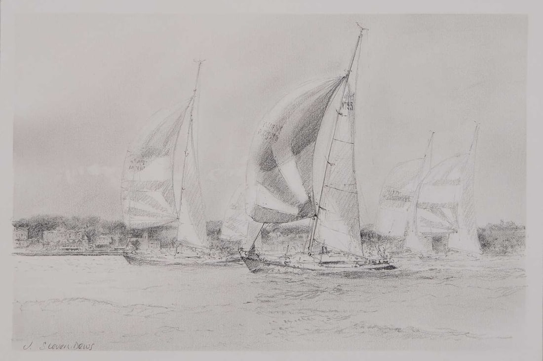 JOHN STEVEN DEWS (BORN 1949) RACING YACHTS OFF THE COAST, PROBABLY ISLE OF WIGHT: JOHN STEVEN DEWS (BORN 1949) RACING YACHTS OFF THE COAST, PROBABLY ISLE OF WIGHT ‡ Signed Pencil 20cm x 30.5cm