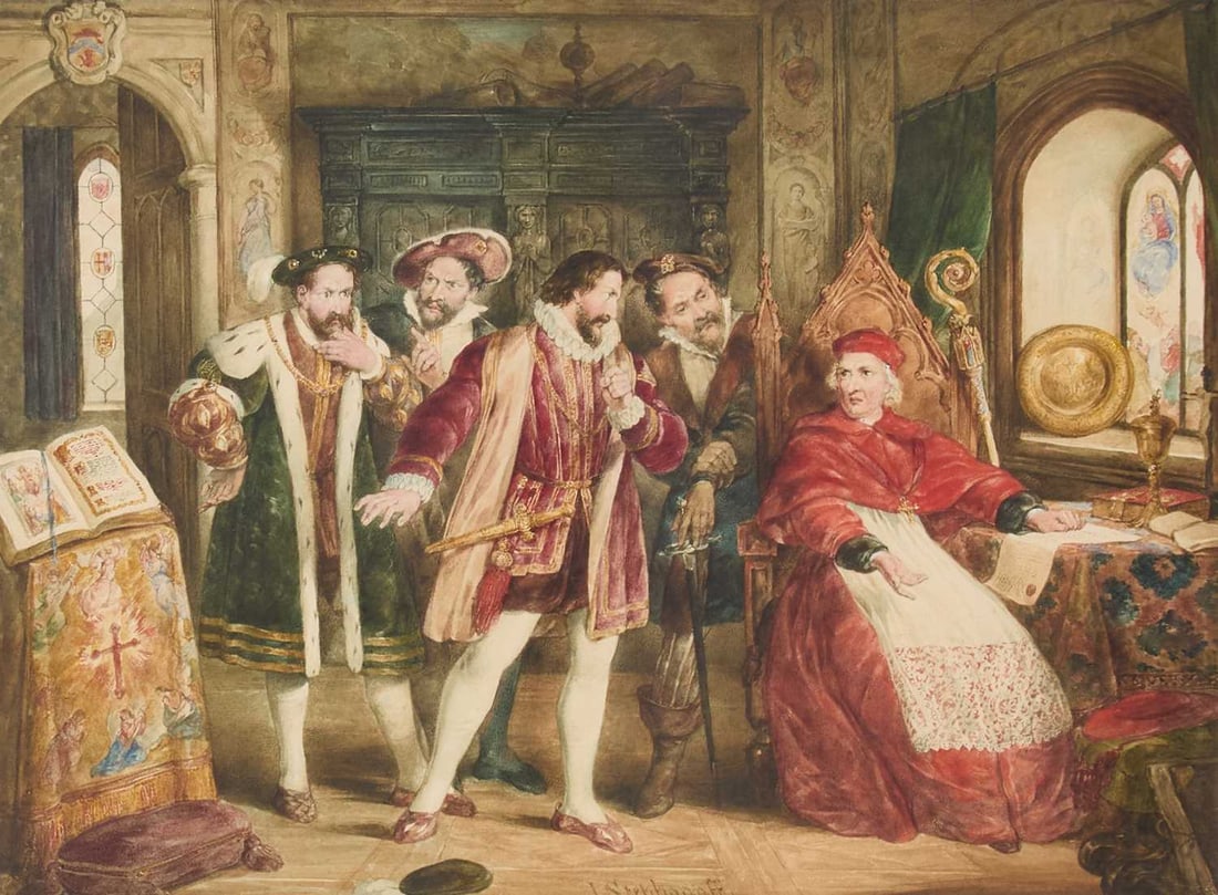 JAMES STEPHANOFF (1787-1874) THE KING AND THE CARDINAL: JAMES STEPHANOFF (1787-1874) THE KING AND THE CARDINAL Signed Watercolour 35cm x 47.5cm