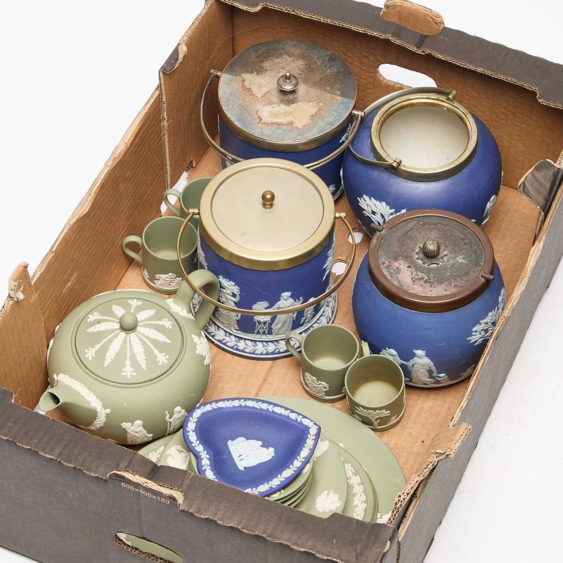 A COLLECTION OF WEDGWOOD JASPERWARE: A COLLECTION OF WEDGWOOD JASPERWARE including biscuit barrels. (Qty)