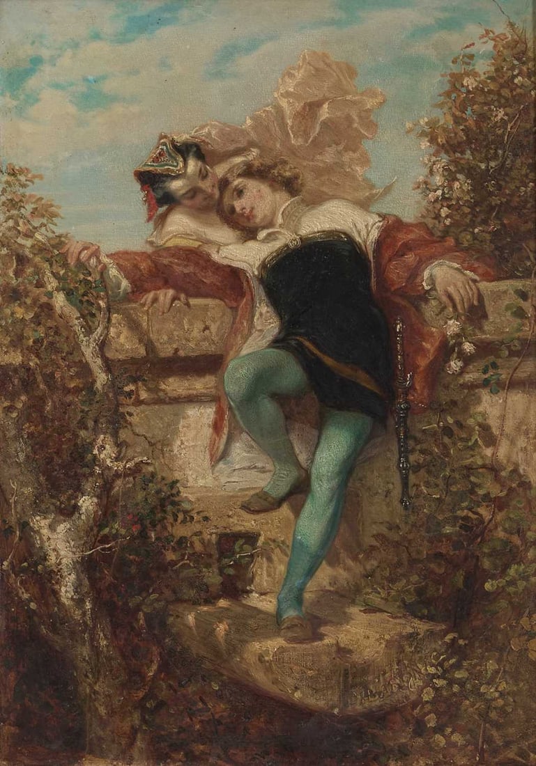 ATTRIBUTED TO HENRI CHARLES ANTOINE BARON (FRENCH 1816-1885) COUPLE IN A GARDEN: ATTRIBUTED TO HENRI CHARLES ANTOINE BARON (FRENCH 1816-1885) COUPLE IN A GARDEN Oil on panel (35cm x 24.5cm)