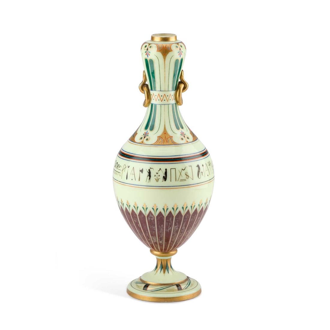 A GRECIAN REVIVAL ENAMEL PAINTED AND GILDED OPAQUE GLASS VASE, 19TH CENTURY: A GRECIAN REVIVAL ENAMEL PAINTED AND GILDED OPAQUE GLASS VASE, 19TH CENTURY of baluster form, the waisted neck with ring 'handles'. 36.5cm high
