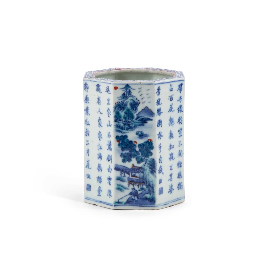 A CHINESE BLUE AND WHITE BRUSHPOT, QING DYNASTY (1 of 6)