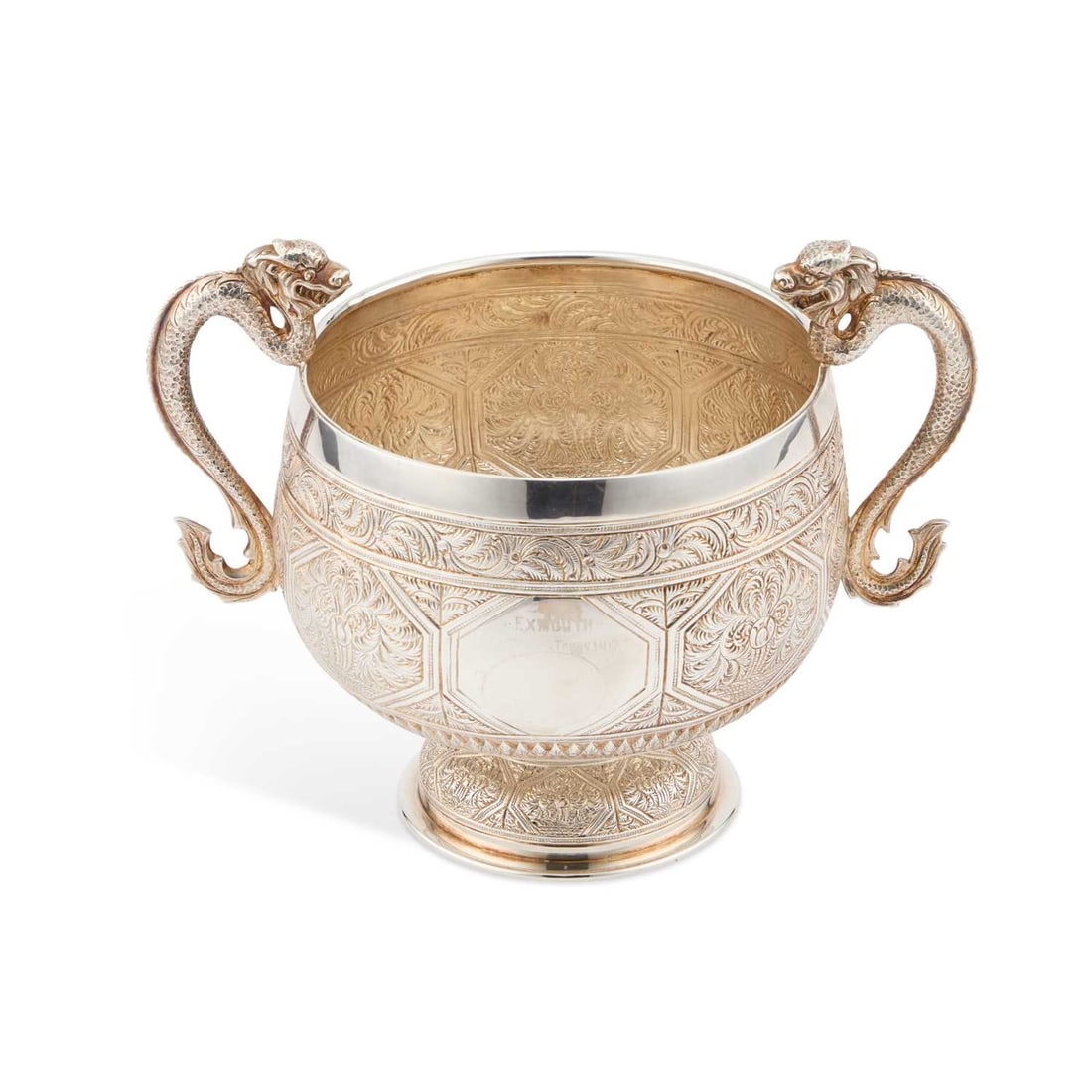 A VICTORIAN SILVER TWO-HANDLED BOWL: A VICTORIAN SILVER TWO-HANDLED BOWL by George Fox, London 1878, in the Chinese taste, of circular form, chased foliate decoration, with scroll handles modelled as dragons, on a circular foot. 19cm acr