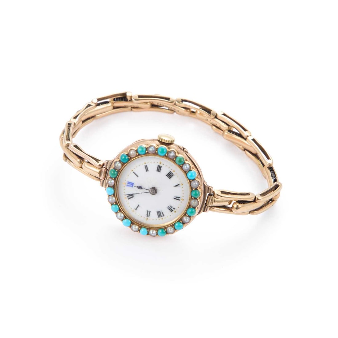 A 9CT GOLD TURQUOISE AND PEARL BRACELET WATCH (1 of 1)