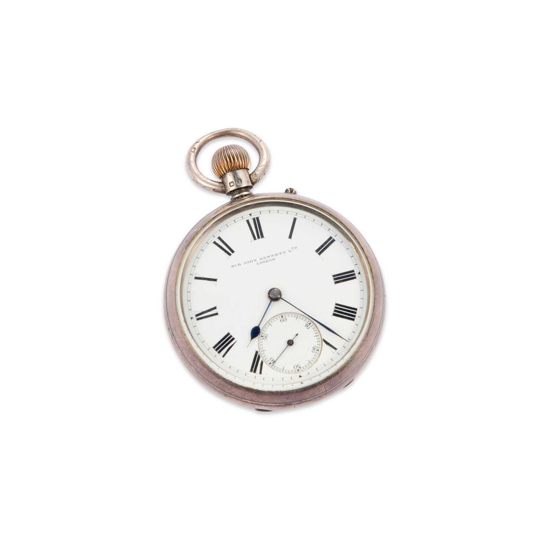 A SILVER OPEN-FACE POCKET WATCH: A SILVER OPEN-FACE POCKET WATCH the circular white enamel dial signed Sir John Bennett Ltd. London, black Roman indices with outer minute track, sub-seconds dial at the 6 o'clock position, blued steel