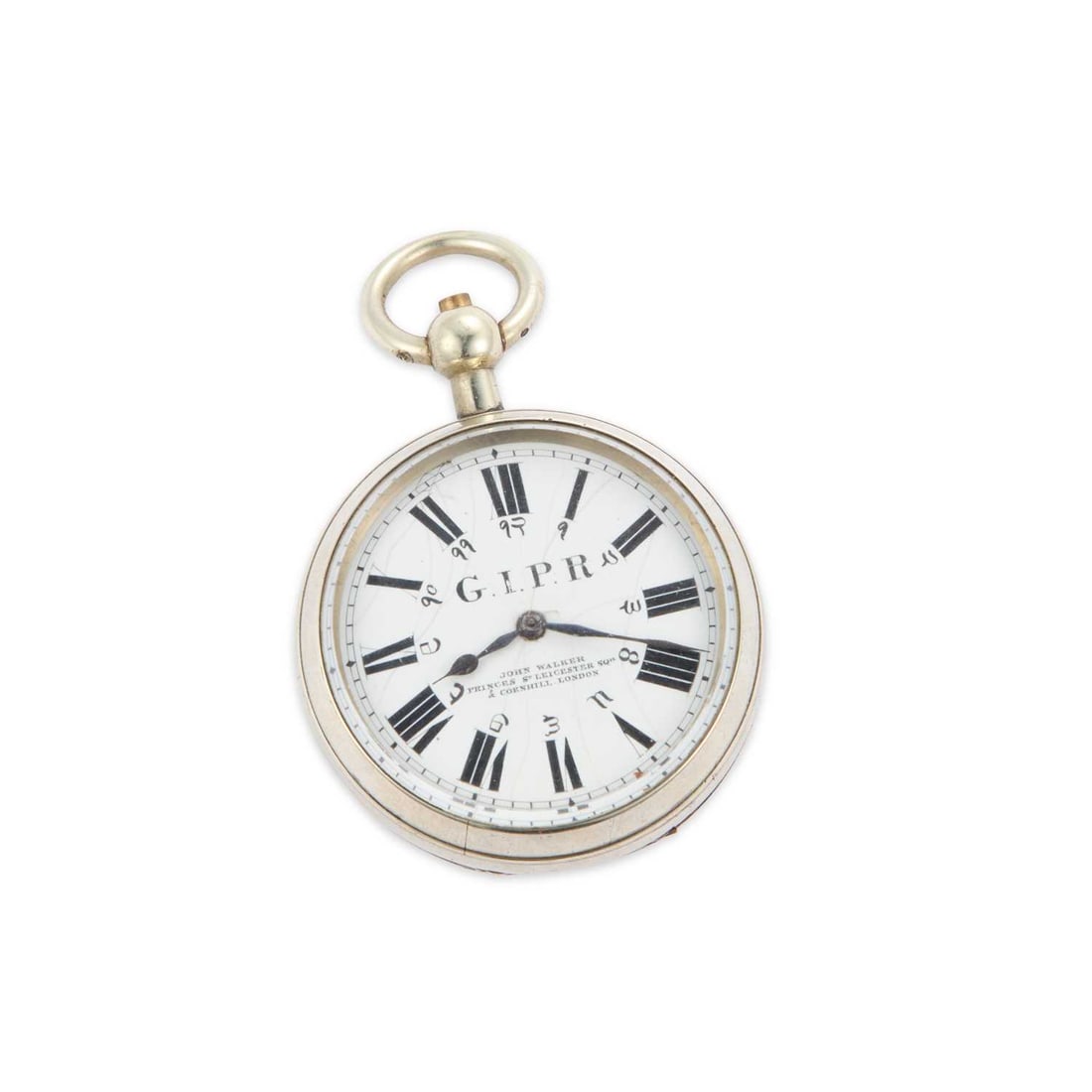 A NICKEL-CASED GREAT INDIAN PENINSULA RAILWAY POCKET WATCH: A NICKEL-CASED GREAT INDIAN PENINSULA RAILWAY POCKET WATCH the circular white enamel dial signed G.I.P R. John Walker Princes St. Leicester Sq. & Cornhill London, black Roman indices with addition