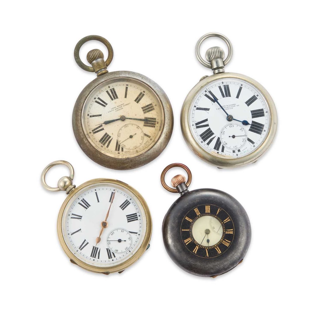 FOUR VARIOUS BASE METAL POCKET WATCHES: FOUR VARIOUS BASE METAL POCKET WATCHES including an unsigned gun metal half hunter, two open-face examples signed John Walker London, and an open-face unsigned example. (4) Watches are not currently