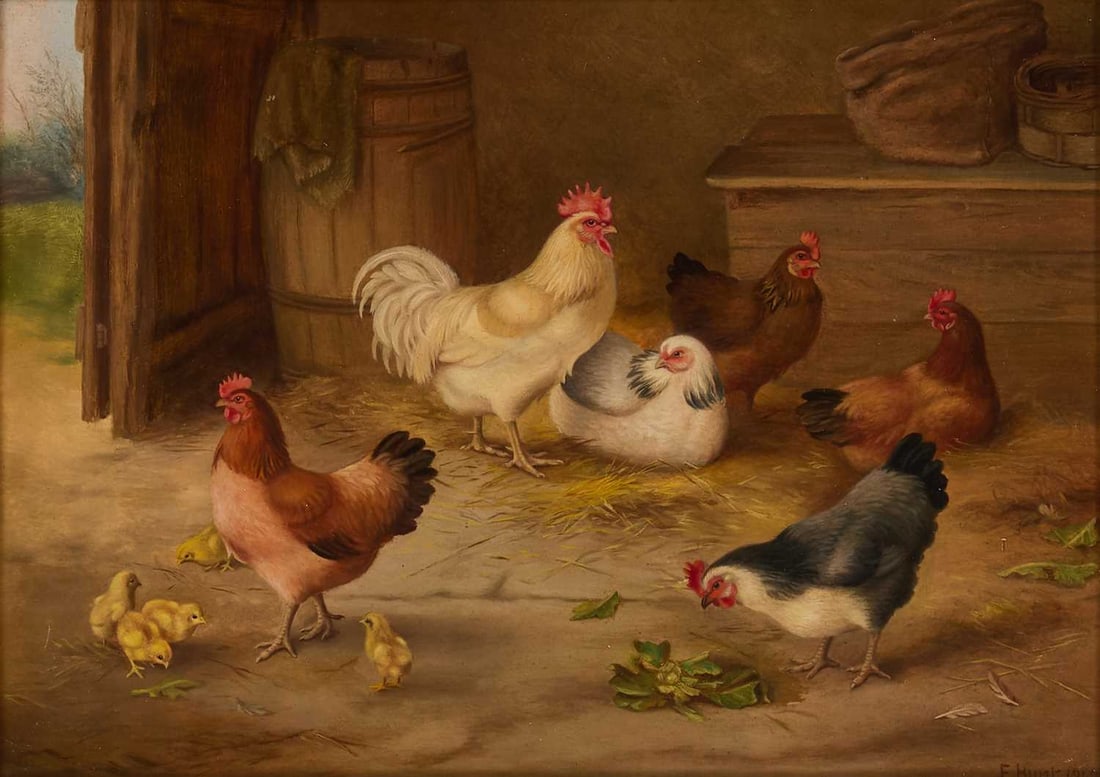 EDGAR HUNT (1876-1953) CHICKENS AND CHICKS IN A BARN: EDGAR HUNT (1876-1953) CHICKENS AND CHICKS IN A BARN Signed and dated indistinctly 1949(?) Oil on board (26cm x 36.5cm)