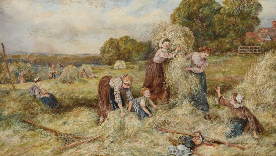 LATE 19TH/ EARLY 20TH CENTURY BRITISH SCHOOL HAYMAKING: LATE 19TH/ EARLY 20TH CENTURY BRITISH SCHOOL HAYMAKING Oil on canvas (34cm x 60cm)