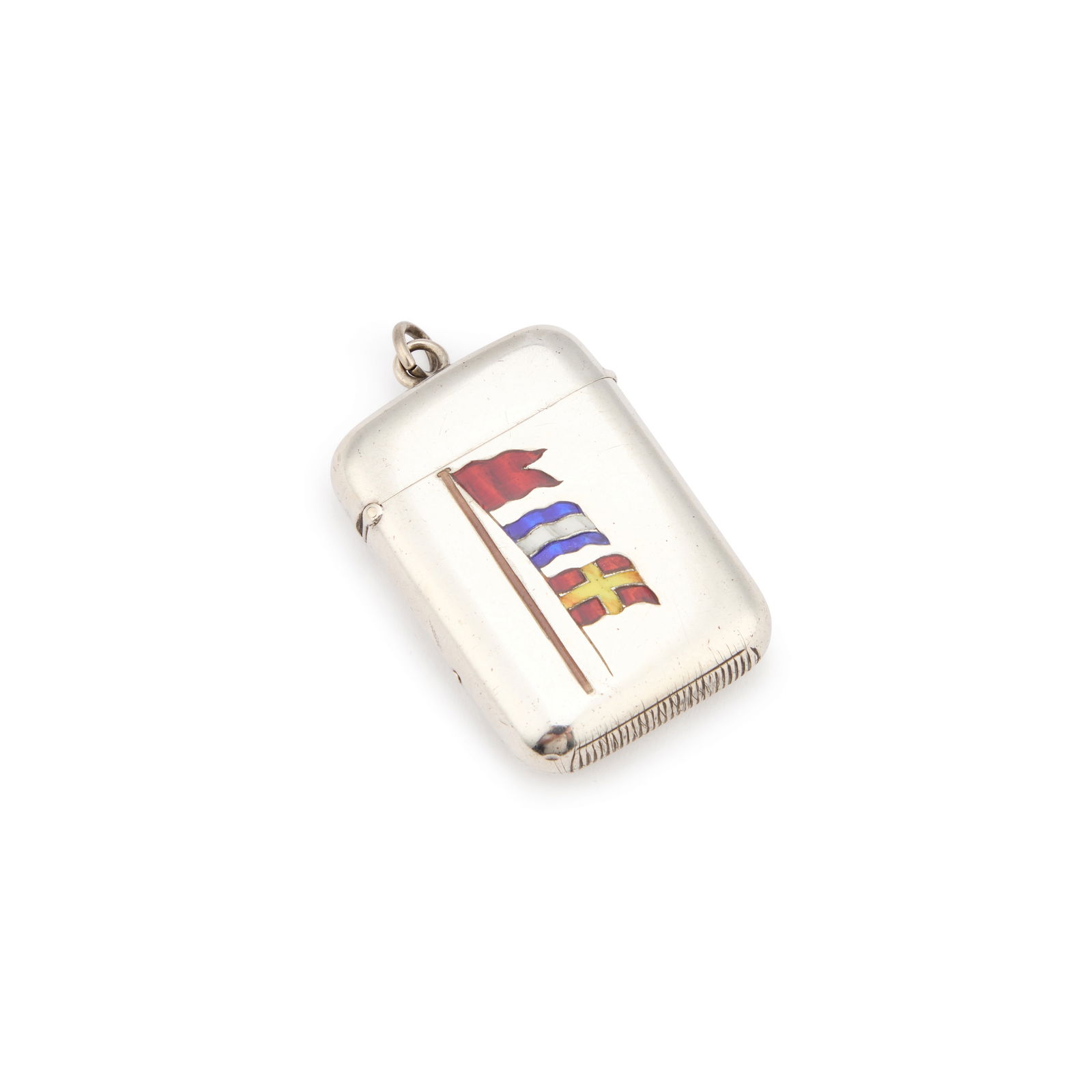 A VICTORIAN SILVER AND ENAMEL VESTA CASE: A VICTORIAN SILVER AND ENAMEL VESTA CASE maker TJ?, London 1886, enamel decorated with nautical flags, inscribed to the flange I AM LOADED WITH COMBUSTIBLES. 6cm long overall, 1.1 troy ounces